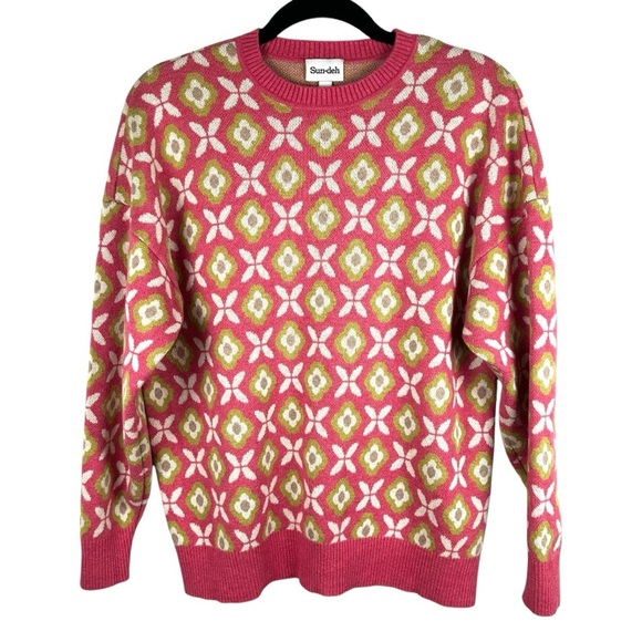 ARITZIA Sundeh Wool & Cotton Pink Green Floral Patterned Sweater Women's Size S - Picture 1 of 5
